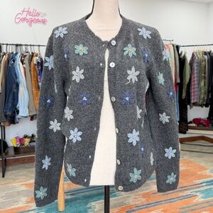 Vintage Eagle’s Eye Wool Cardigan Flower Embroidery Made in Australia